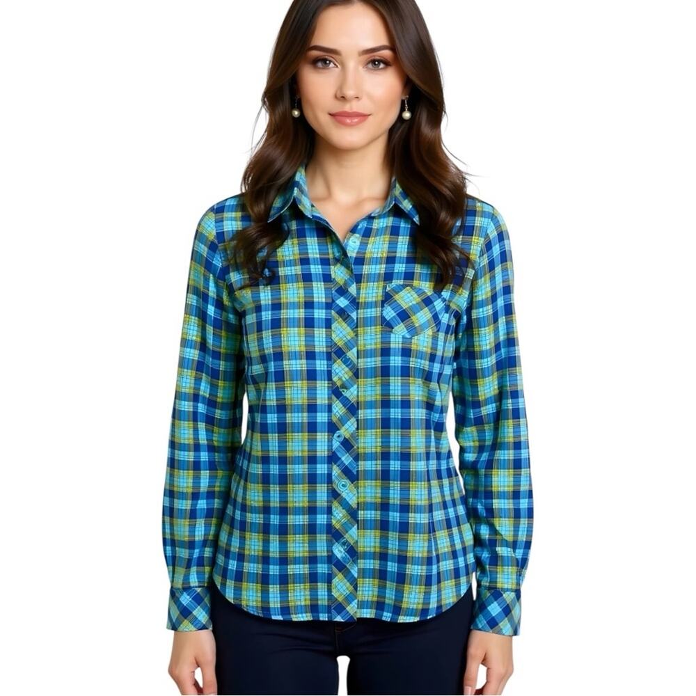 Under Armour NW0T Women's Plaid Button Up Long Sleeve Shirt Semi Fitted Blue